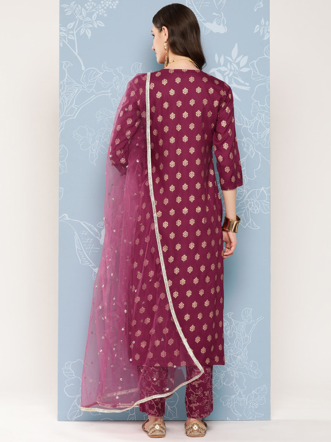 Women Burgundy Embroidered Straight Kurta With Palazzo And Net Dupatta | LASVINI - Redefining Indian Fashion with Elegance