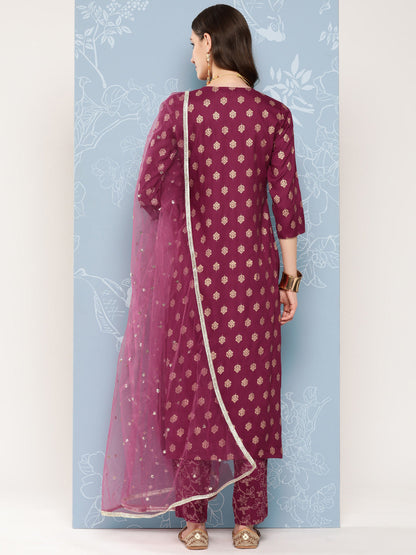 Women Burgundy Embroidered Straight Kurta With Palazzo And Net Dupatta | LASVINI - Redefining Indian Fashion with Elegance