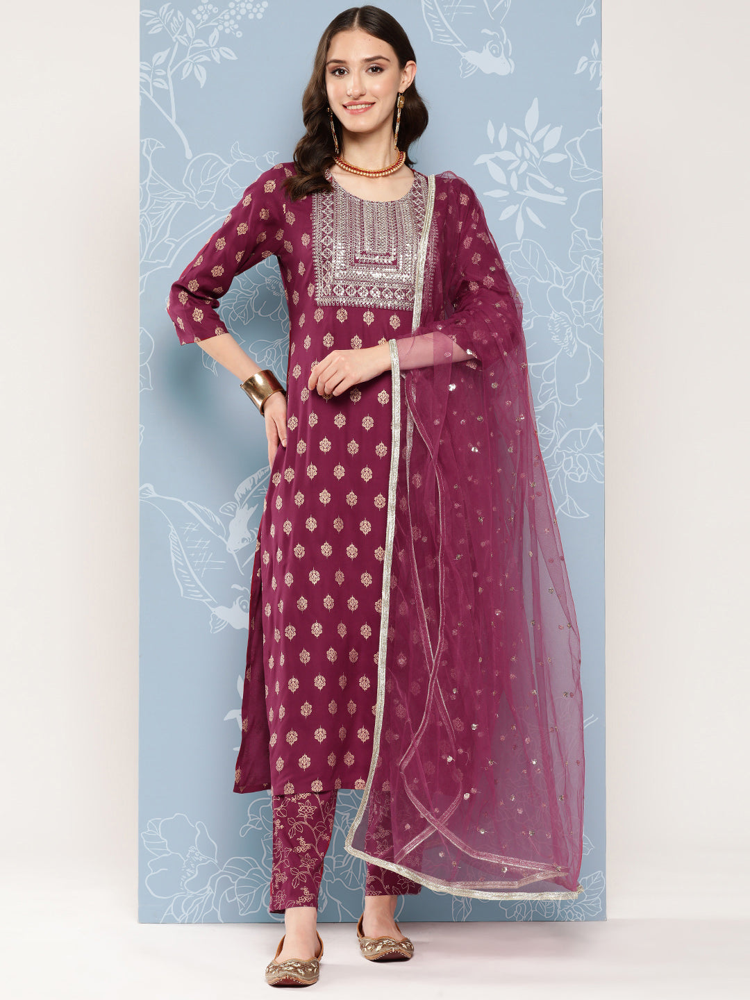Women Burgundy Embroidered Straight Kurta With Palazzo And Net Dupatta | LASVINI - Redefining Indian Fashion with Elegance