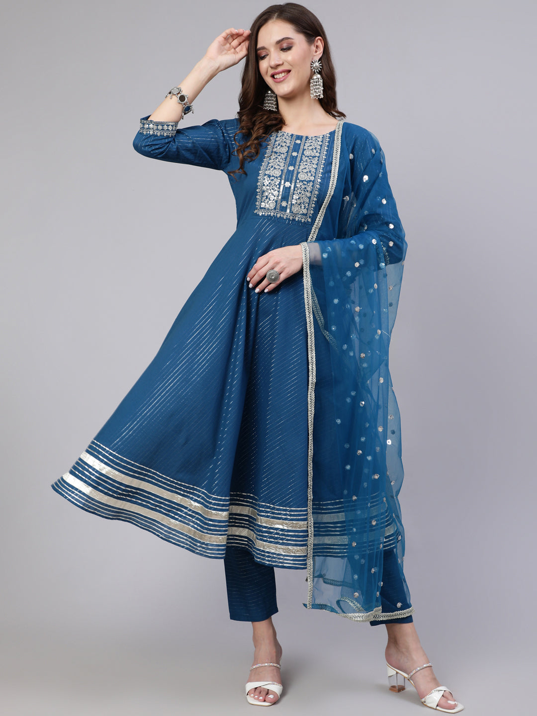 Women Teal Blue Embroidered Flared Kurta With Trouser And Dupatta | LASVINI - Redefining Indian Fashion with Elegance
