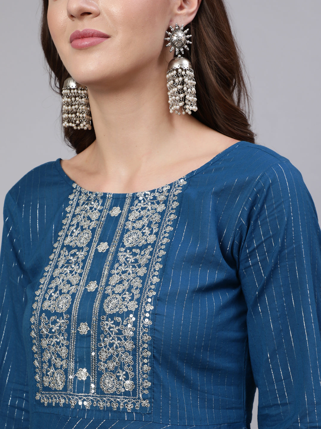 Women Teal Blue Embroidered Flared Kurta With Trouser And Dupatta | LASVINI - Redefining Indian Fashion with Elegance