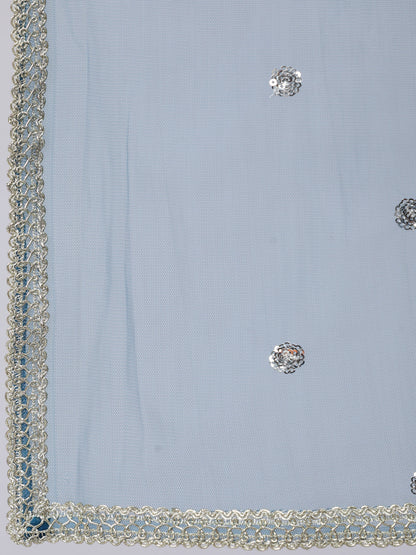 Women Teal Blue Embroidered Flared Kurta With Trouser And Dupatta | LASVINI - Redefining Indian Fashion with Elegance