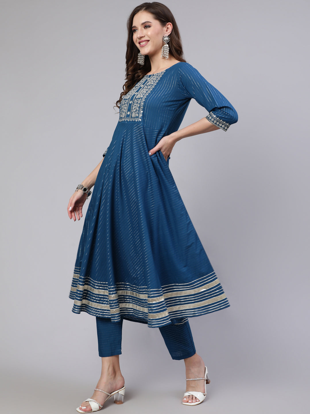 Women Teal Blue Embroidered Flared Kurta With Trouser And Dupatta | LASVINI - Redefining Indian Fashion with Elegance
