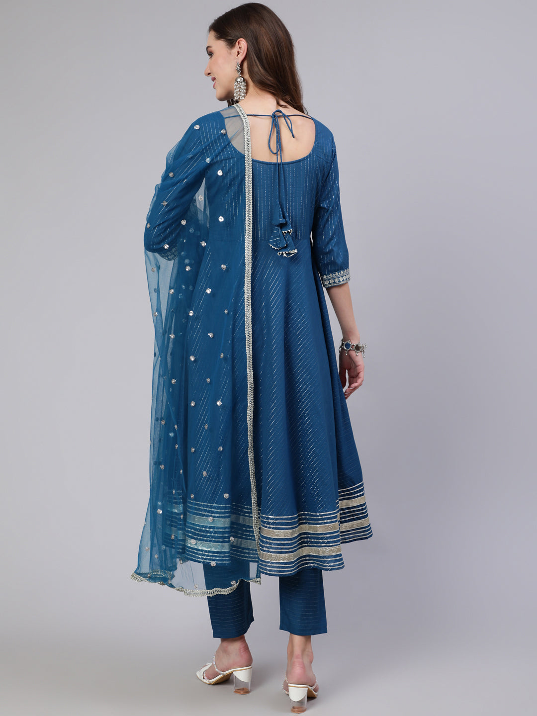 Women Teal Blue Embroidered Flared Kurta With Trouser And Dupatta | LASVINI - Redefining Indian Fashion with Elegance