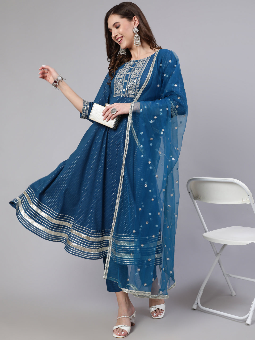 Women Teal Blue Embroidered Flared Kurta With Trouser And Dupatta | LASVINI - Redefining Indian Fashion with Elegance