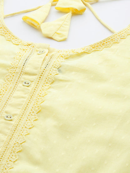 Women Yellow Lace Detailing Kurta With Trouser And Scalped Dupatta | LASVINI - Redefining Indian Fashion with Elegance