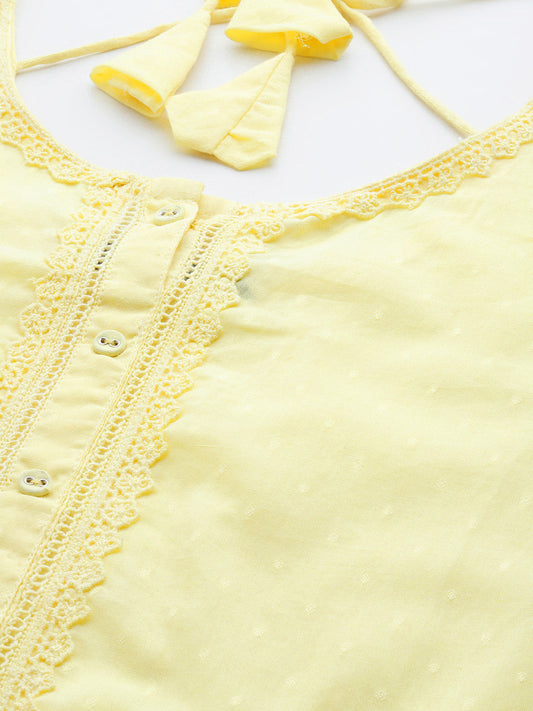 Women Yellow Lace Detailing Kurta With Trouser And Scalped Dupatta | LASVINI - Redefining Indian Fashion with Elegance