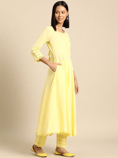 Women Yellow Lace Detailing Kurta With Trouser And Scalped Dupatta | LASVINI - Redefining Indian Fashion with Elegance