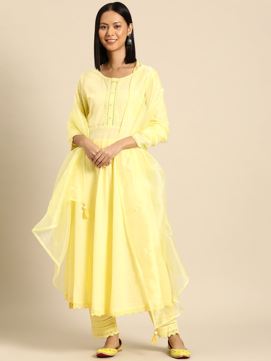 Women Yellow Lace Detailing Kurta With Trouser And Scalped Dupatta | LASVINI - Redefining Indian Fashion with Elegance