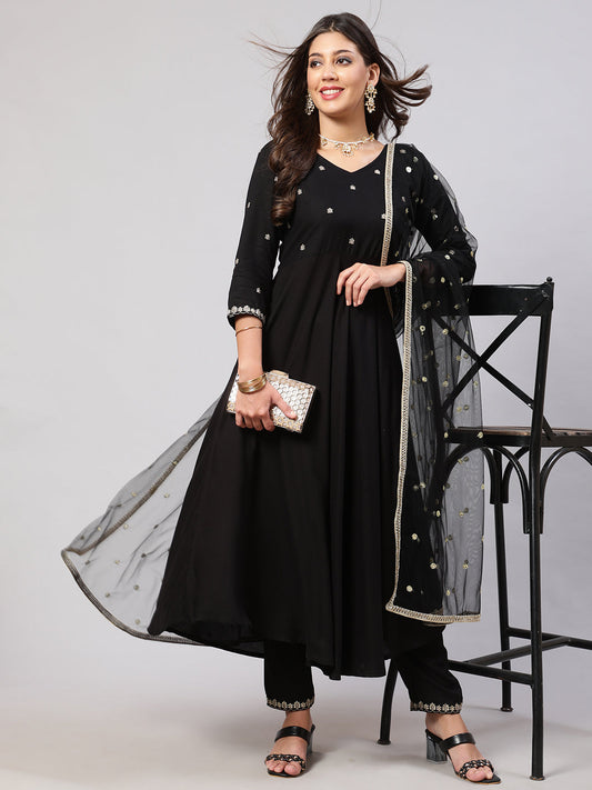 Women Black Embroidered Flared Kurta With Trouser And Net Dupatta | LASVINI - Redefining Indian Fashion with Elegance