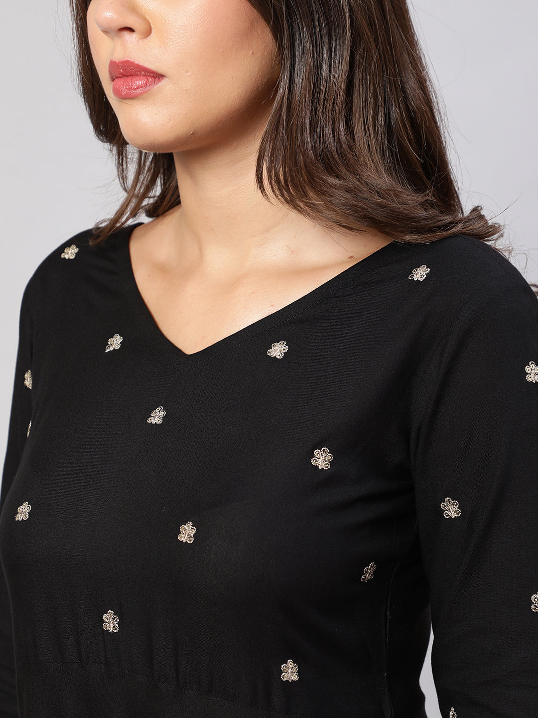 Women Black Embroidered Flared Kurta With Trouser And Net Dupatta | LASVINI - Redefining Indian Fashion with Elegance