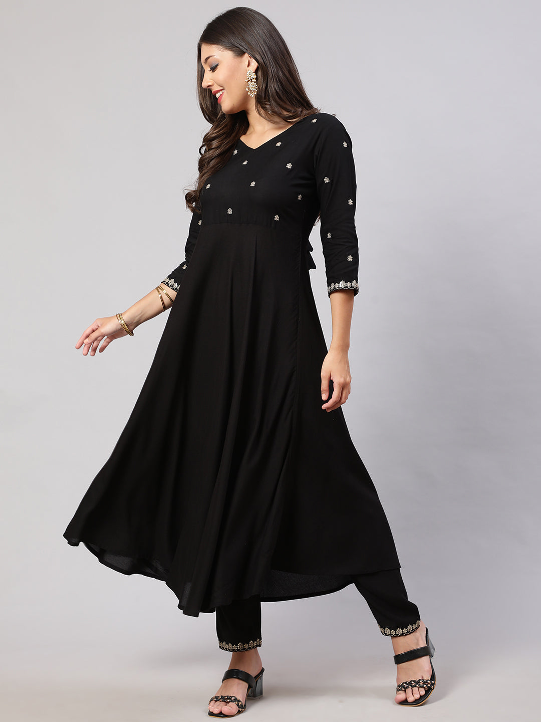 Women Black Embroidered Flared Kurta With Trouser And Net Dupatta | LASVINI - Redefining Indian Fashion with Elegance