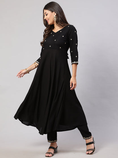 Women Black Embroidered Flared Kurta With Trouser And Net Dupatta | LASVINI - Redefining Indian Fashion with Elegance