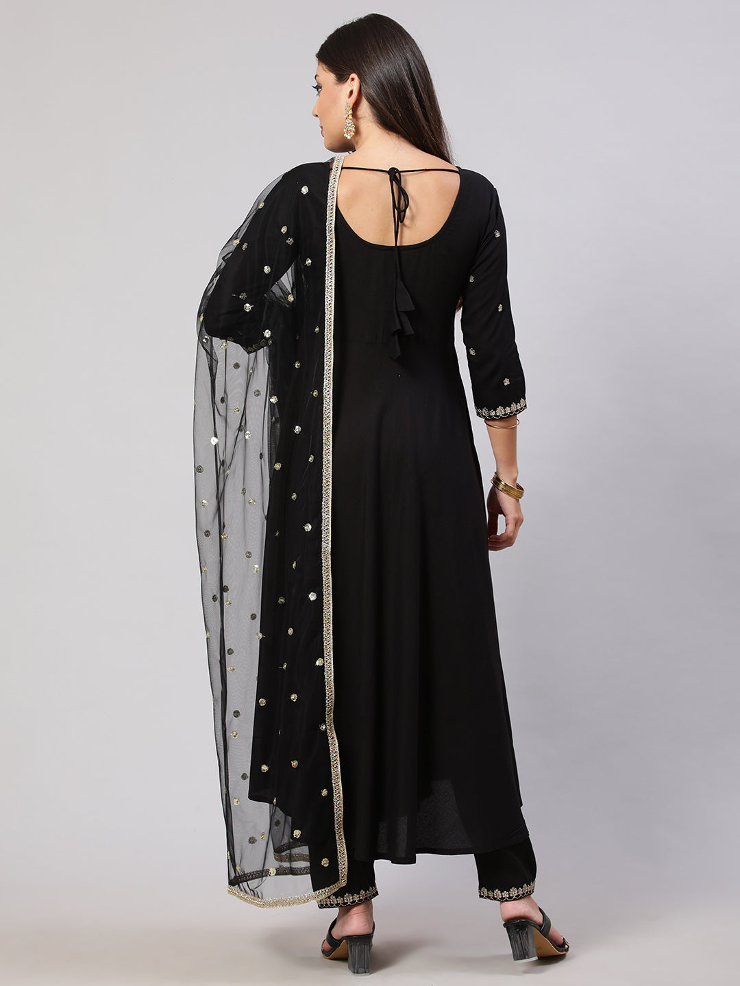 Women Black Embroidered Flared Kurta With Trouser And Net Dupatta | LASVINI - Redefining Indian Fashion with Elegance