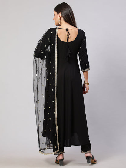 Women Black Embroidered Flared Kurta With Trouser And Net Dupatta | LASVINI - Redefining Indian Fashion with Elegance