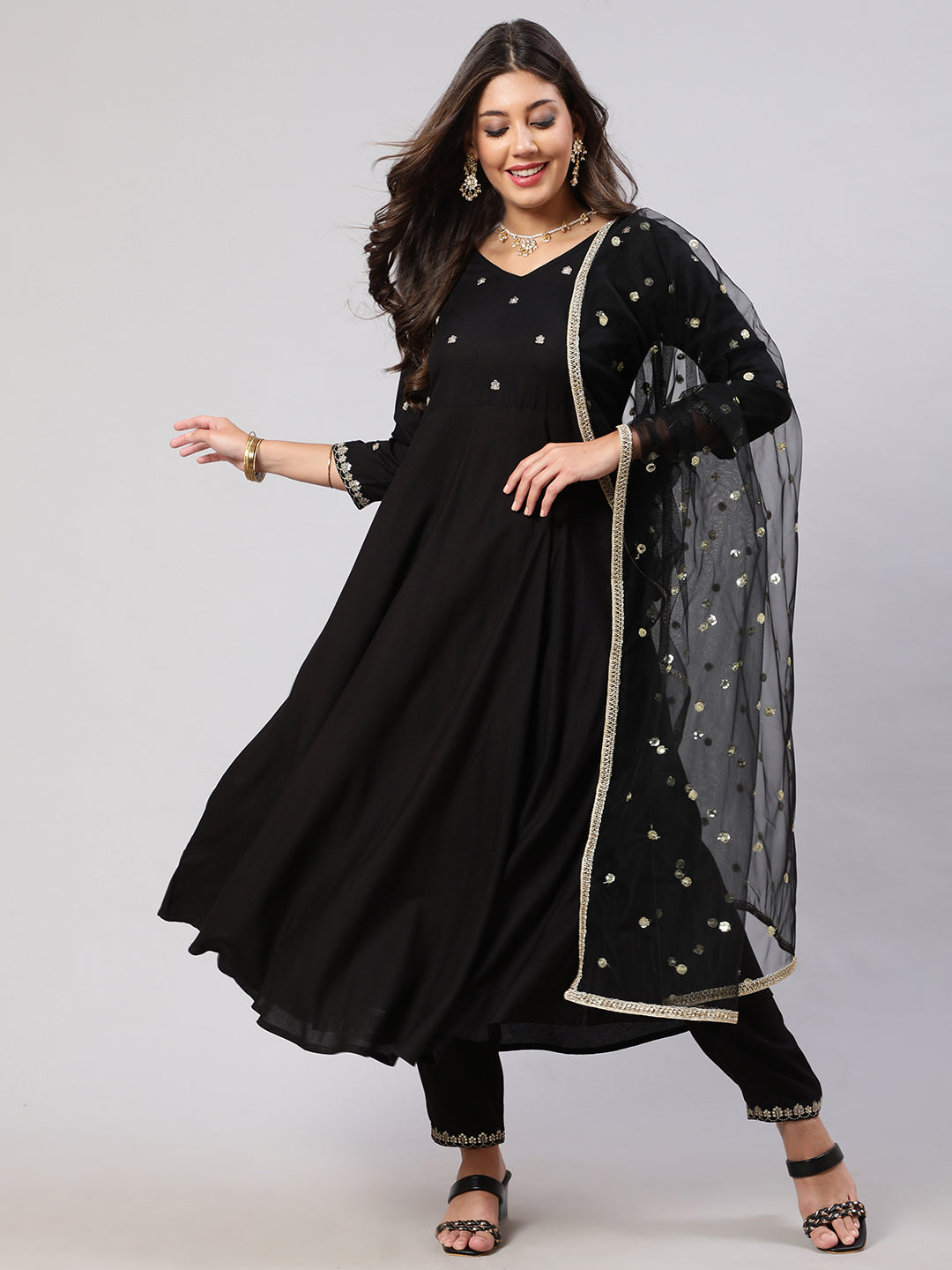 Women Black Embroidered Flared Kurta With Trouser And Net Dupatta | LASVINI - Redefining Indian Fashion with Elegance