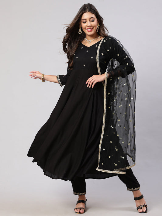 Women Black Embroidered Flared Kurta With Trouser And Net Dupatta | LASVINI - Redefining Indian Fashion with Elegance