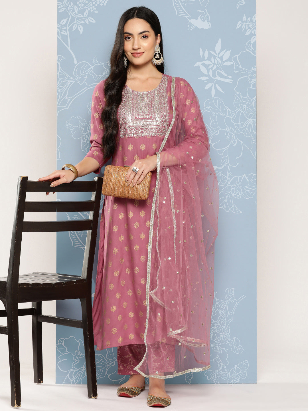 Women Mauve Embroidered Straight Kurta With Palazzo And Net Dupatta | LASVINI - Redefining Indian Fashion with Elegance