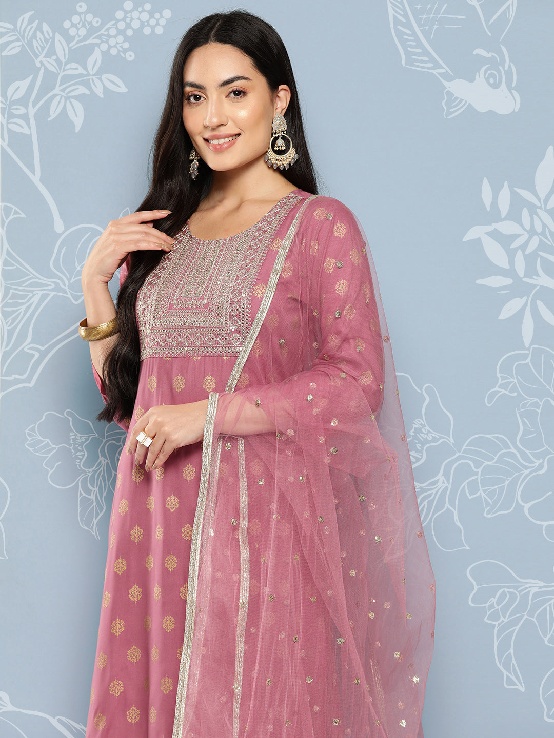 Women Mauve Embroidered Straight Kurta With Palazzo And Net Dupatta | LASVINI - Redefining Indian Fashion with Elegance