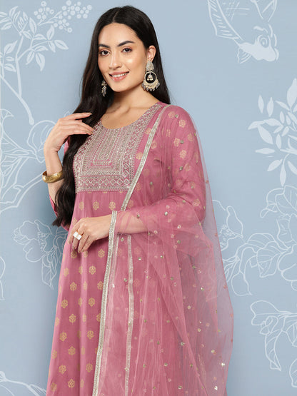 Women Mauve Embroidered Straight Kurta With Palazzo And Net Dupatta | LASVINI - Redefining Indian Fashion with Elegance