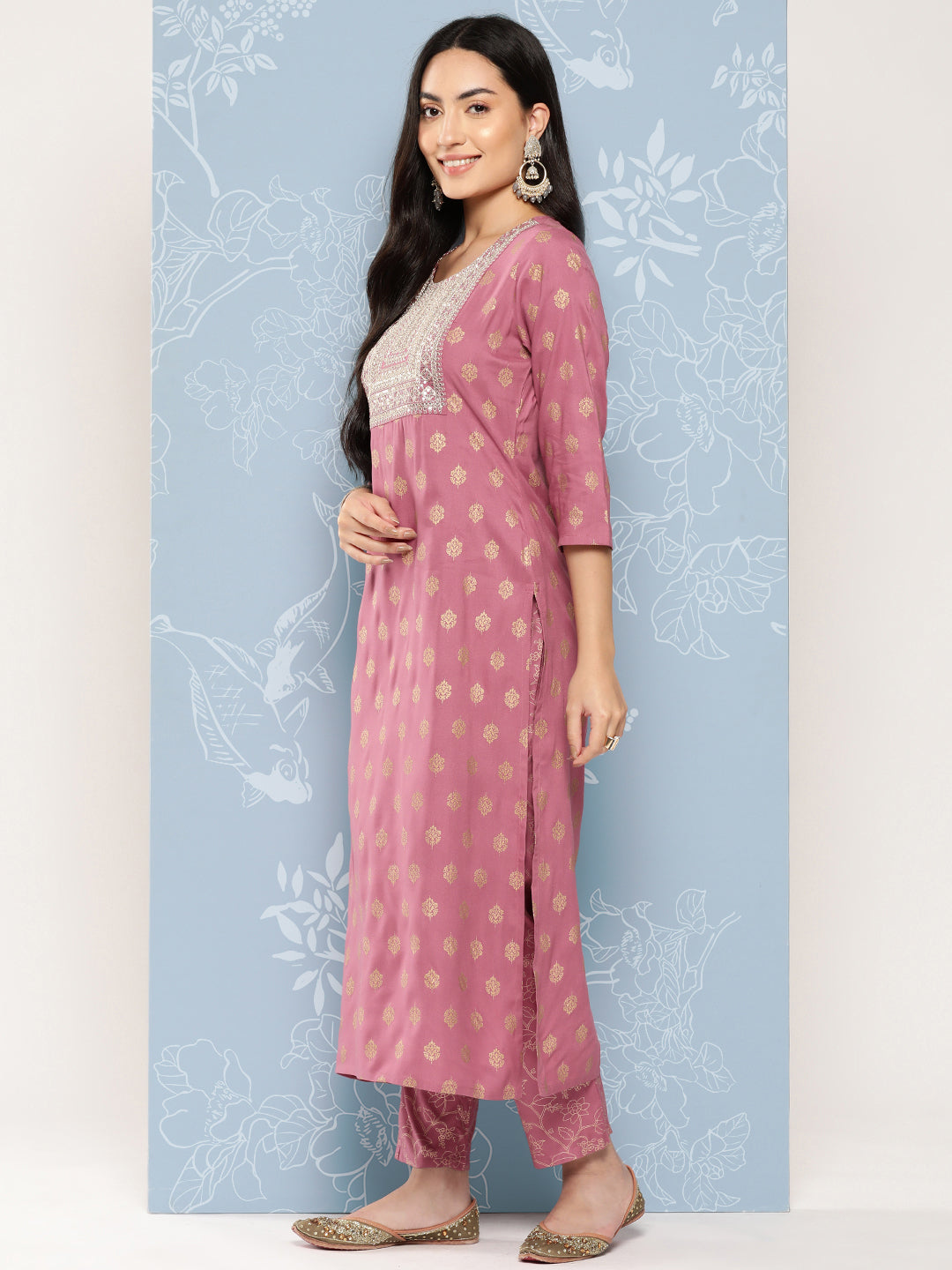 Women Mauve Embroidered Straight Kurta With Palazzo And Net Dupatta | LASVINI - Redefining Indian Fashion with Elegance