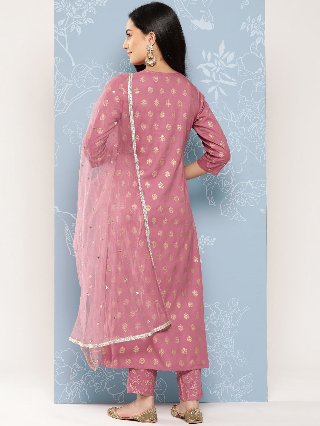 Women Mauve Embroidered Straight Kurta With Palazzo And Net Dupatta | LASVINI - Redefining Indian Fashion with Elegance