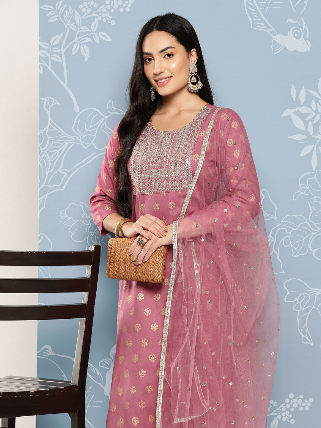 Women Mauve Embroidered Straight Kurta With Palazzo And Net Dupatta | LASVINI - Redefining Indian Fashion with Elegance