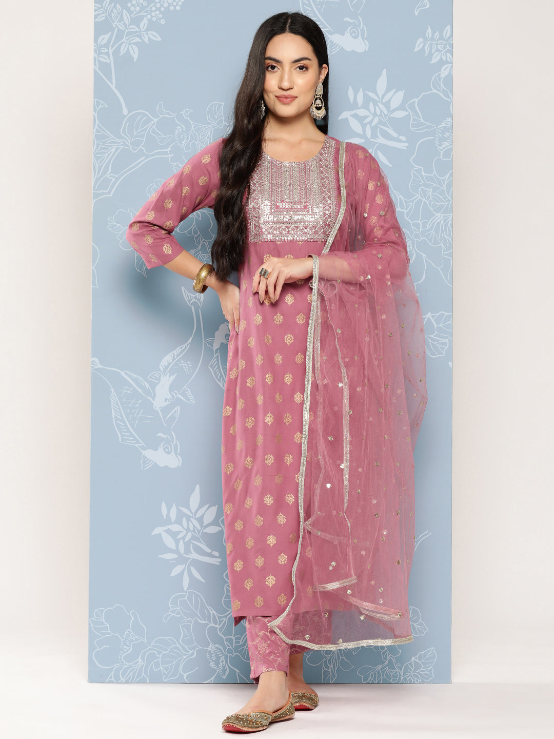 Women Mauve Embroidered Straight Kurta With Palazzo And Net Dupatta | LASVINI - Redefining Indian Fashion with Elegance