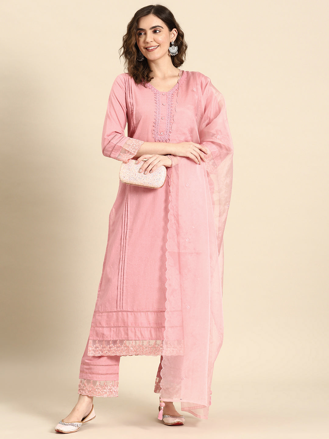 Women Mauve Lace Detailing Kurta With Trouser And Scalped Dupatta | LASVINI - Redefining Indian Fashion with Elegance