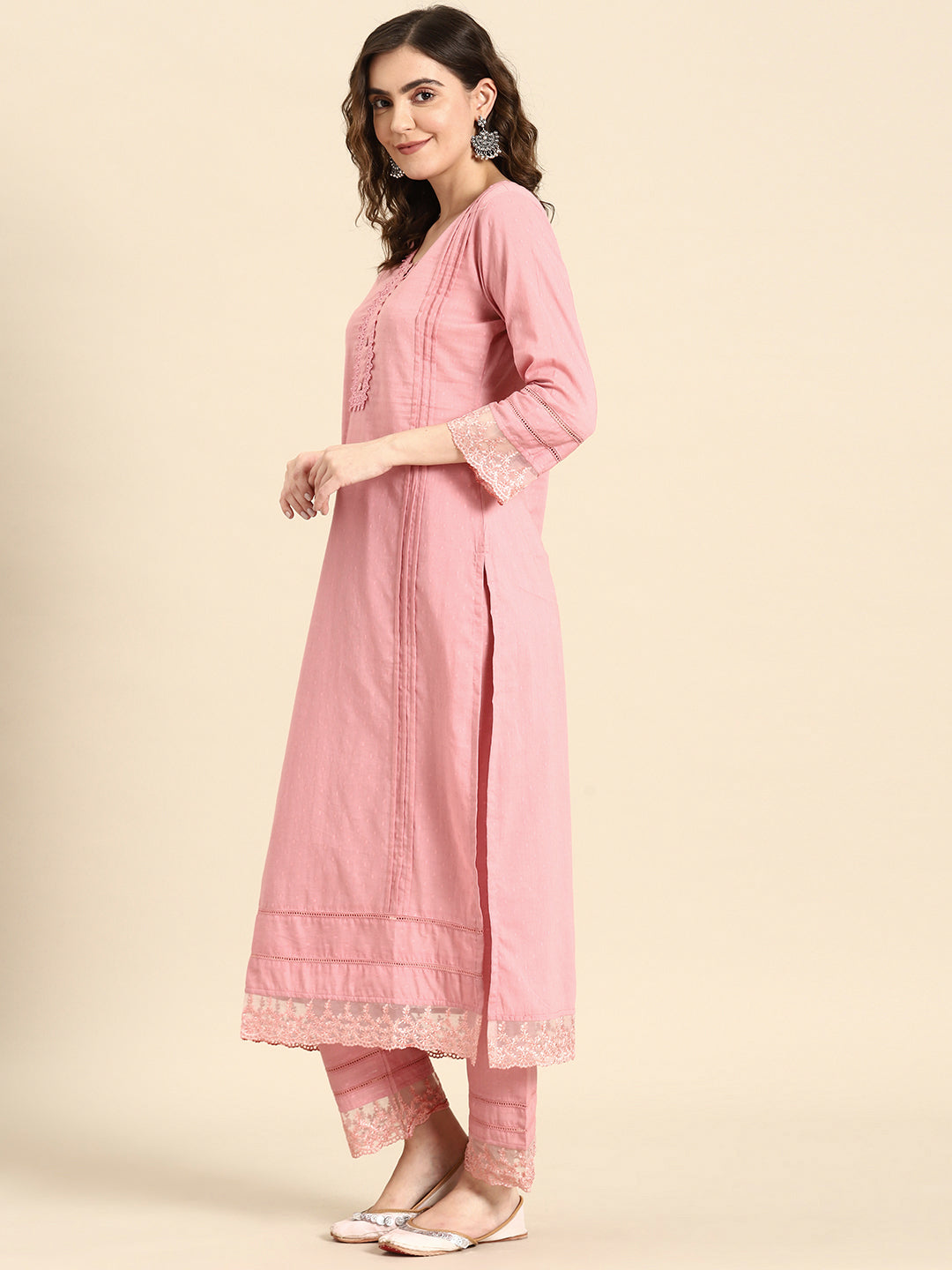 Women Mauve Lace Detailing Kurta With Trouser And Scalped Dupatta | LASVINI - Redefining Indian Fashion with Elegance