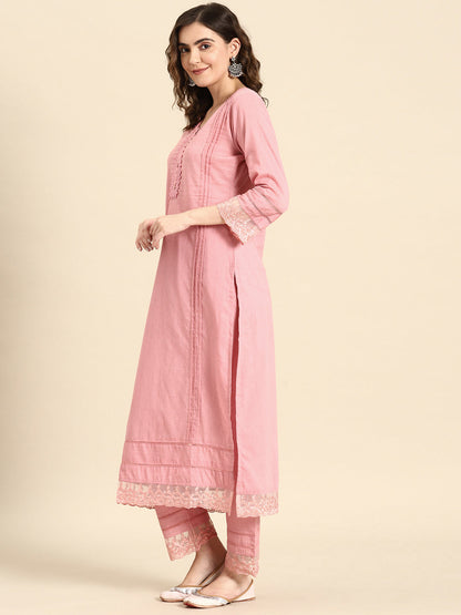 Women Mauve Lace Detailing Kurta With Trouser And Scalped Dupatta | LASVINI - Redefining Indian Fashion with Elegance