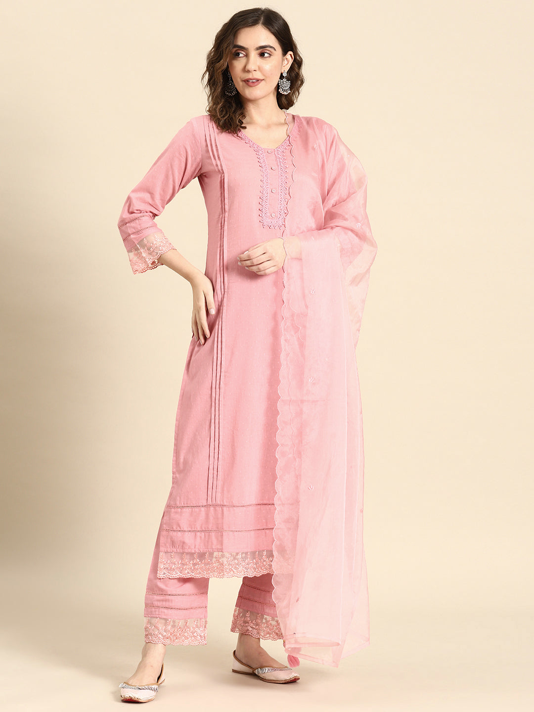 Women Mauve Lace Detailing Kurta With Trouser And Scalped Dupatta | LASVINI - Redefining Indian Fashion with Elegance