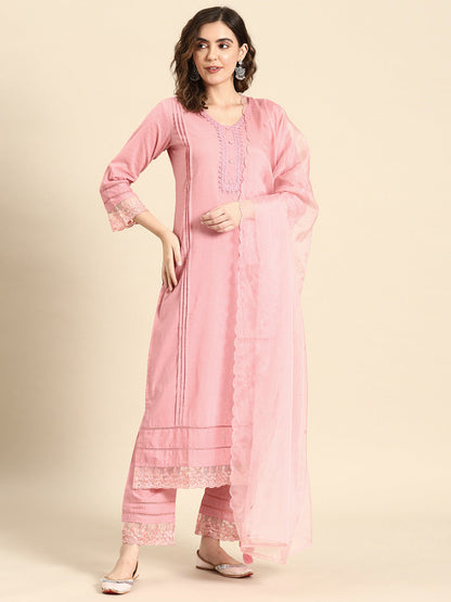Women Mauve Lace Detailing Kurta With Trouser And Scalped Dupatta | LASVINI - Redefining Indian Fashion with Elegance