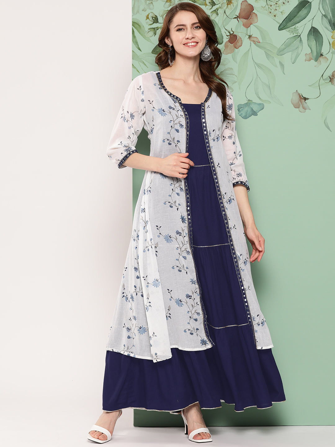 Women Navy Blue Dress With Printed Jacket With Printed Jacket | LASVINI - Redefining Indian Fashion with Elegance