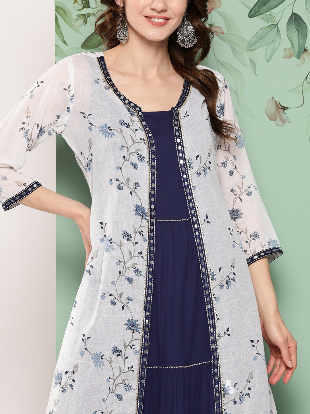 Women Navy Blue Dress With Printed Jacket With Printed Jacket | LASVINI - Redefining Indian Fashion with Elegance