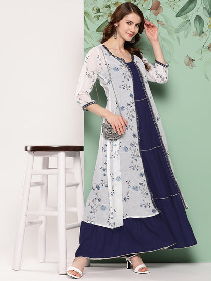 Women Navy Blue Dress With Printed Jacket With Printed Jacket | LASVINI - Redefining Indian Fashion with Elegance