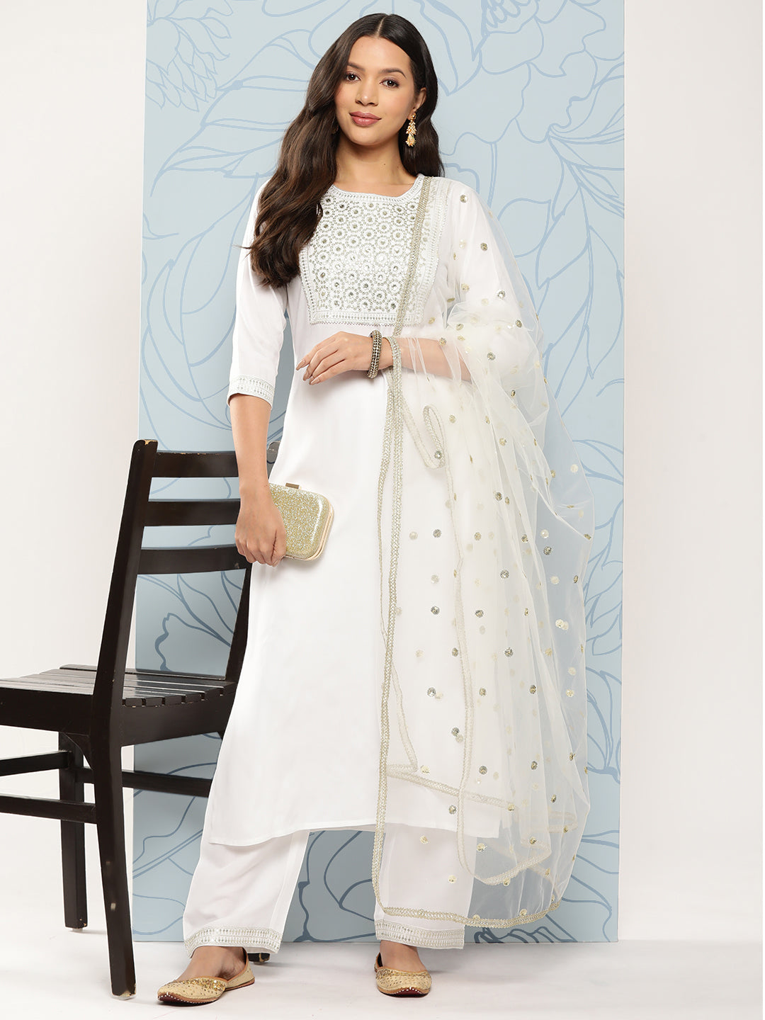 Women White Embroidered Straight Kurta With Palazzo And Net Dupatta | LASVINI - Redefining Indian Fashion with Elegance