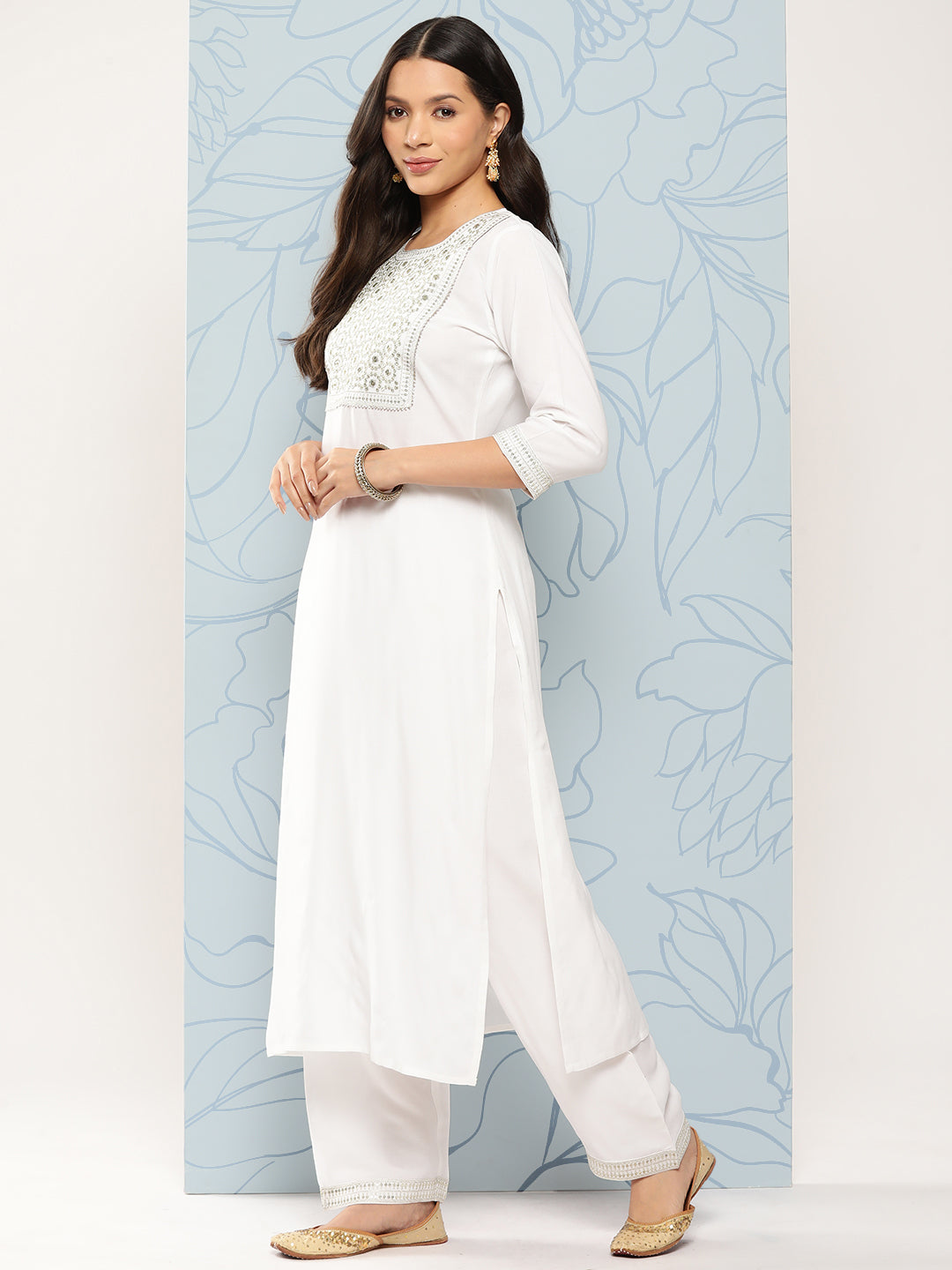 Women White Embroidered Straight Kurta With Palazzo And Net Dupatta | LASVINI - Redefining Indian Fashion with Elegance