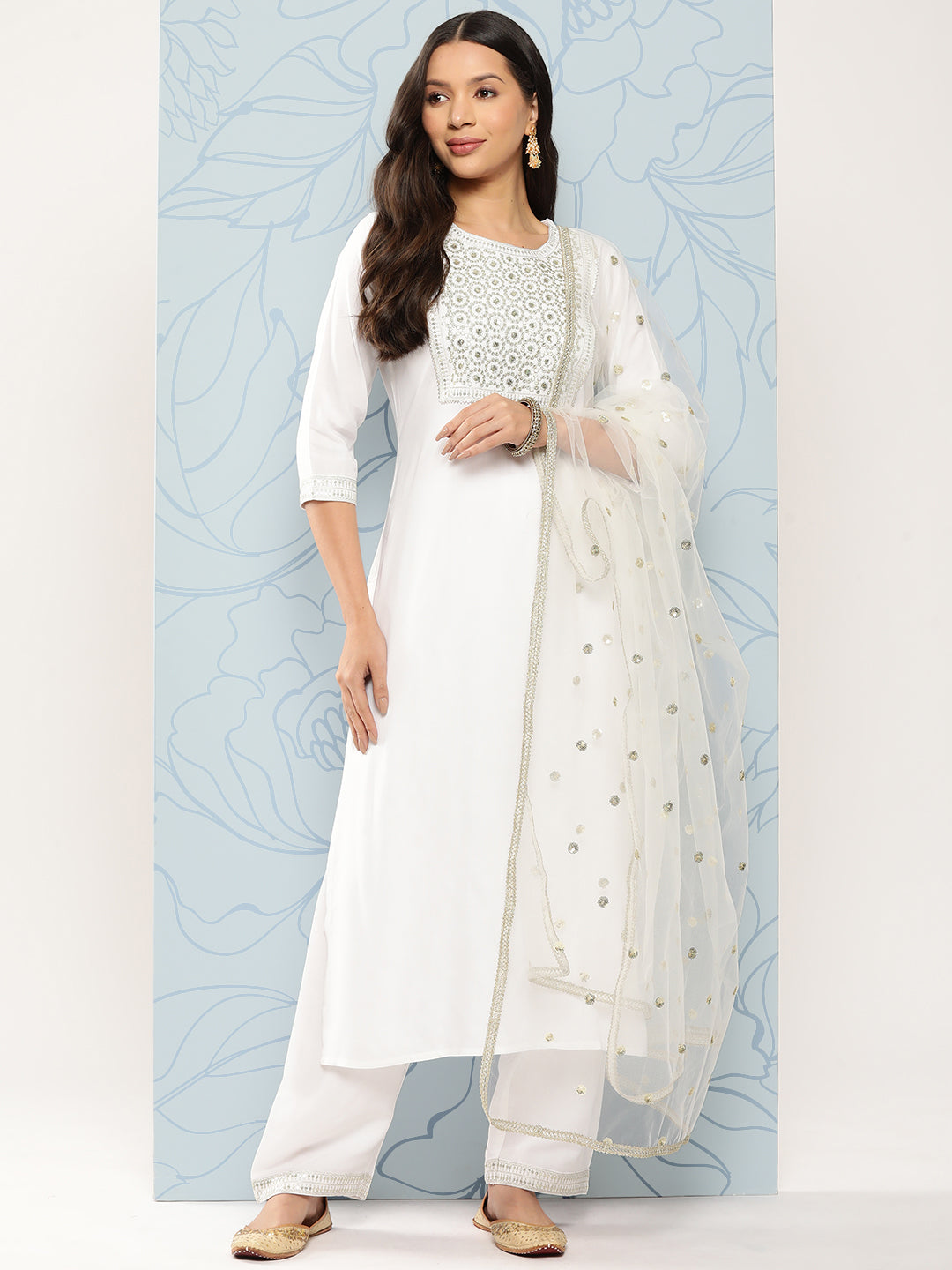Women White Embroidered Straight Kurta With Palazzo And Net Dupatta | LASVINI - Redefining Indian Fashion with Elegance