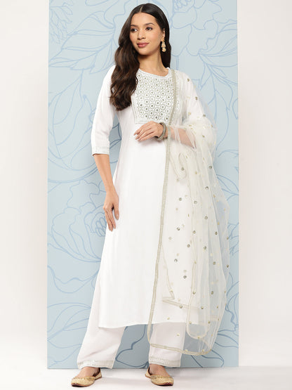 Women White Embroidered Straight Kurta With Palazzo And Net Dupatta | LASVINI - Redefining Indian Fashion with Elegance