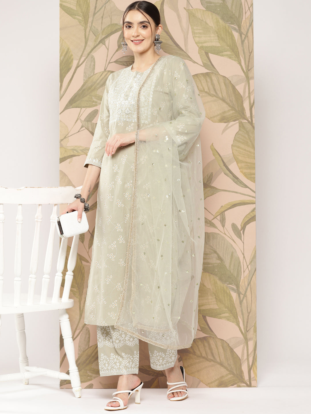 Women Green Embroidered Straight Kurta With Palazzo And Dupatta | LASVINI - Redefining Indian Fashion with Elegance