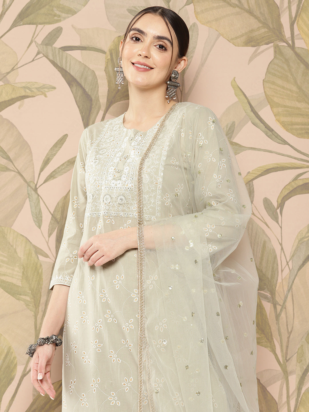 Women Green Embroidered Straight Kurta With Palazzo And Dupatta | LASVINI - Redefining Indian Fashion with Elegance