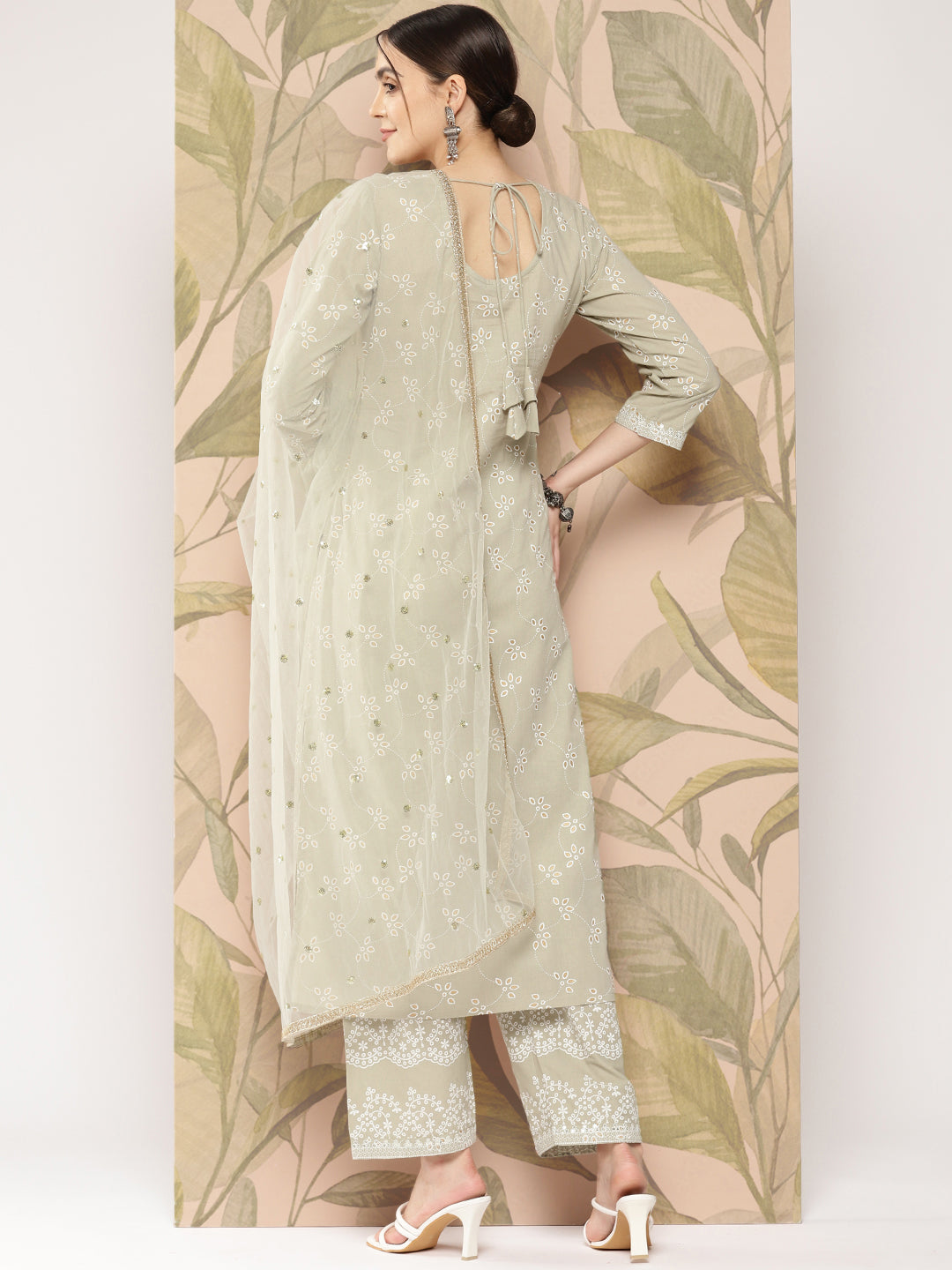 Women Green Embroidered Straight Kurta With Palazzo And Dupatta | LASVINI - Redefining Indian Fashion with Elegance