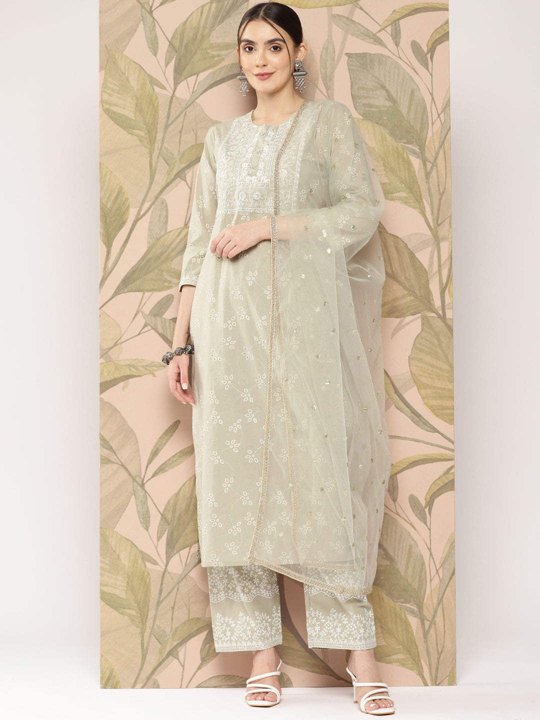 Women Green Embroidered Straight Kurta With Palazzo And Dupatta | LASVINI - Redefining Indian Fashion with Elegance