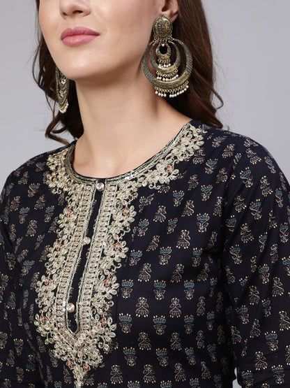 Women Navy Blue Embroidered Flared Kurta With Trouser And Dupatta | LASVINI - Redefining Indian Fashion with Elegance