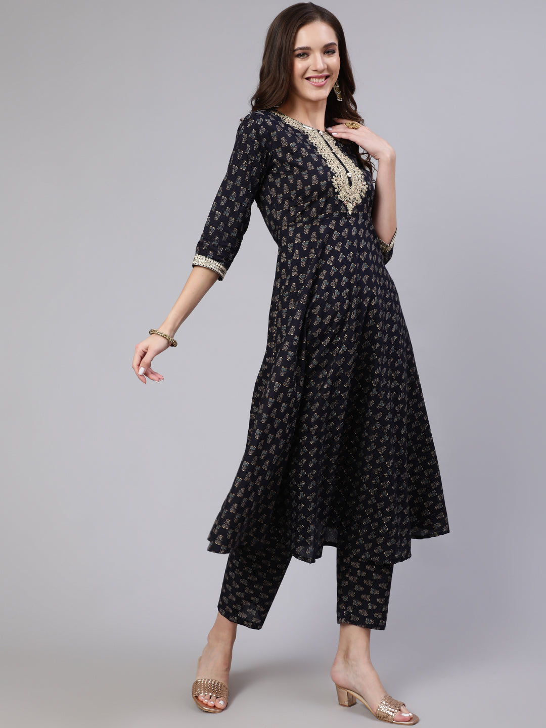 Women Navy Blue Embroidered Flared Kurta With Trouser And Dupatta | LASVINI - Redefining Indian Fashion with Elegance