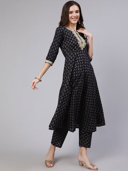 Women Navy Blue Embroidered Flared Kurta With Trouser And Dupatta | LASVINI - Redefining Indian Fashion with Elegance