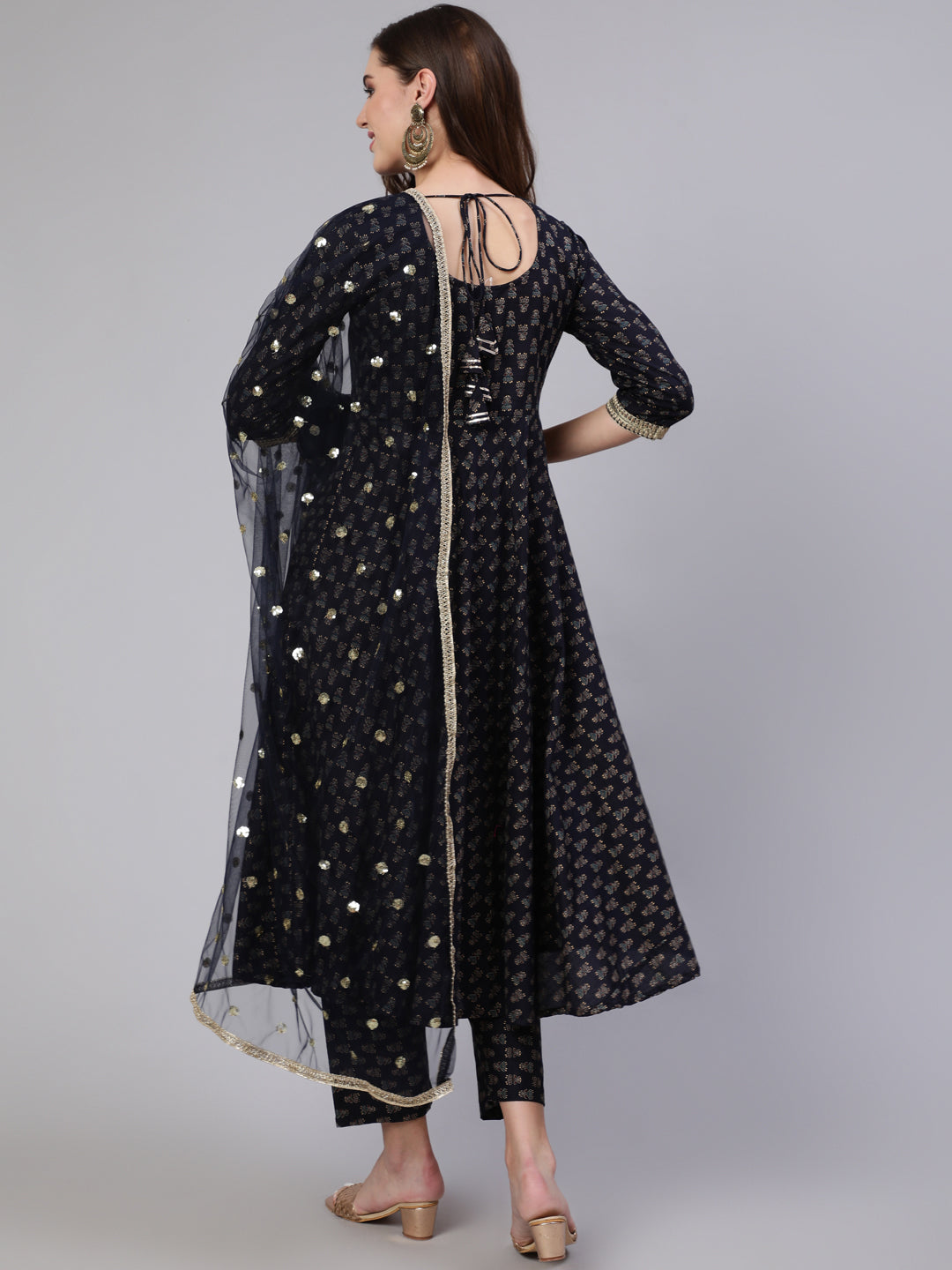 Women Navy Blue Embroidered Flared Kurta With Trouser And Dupatta | LASVINI - Redefining Indian Fashion with Elegance