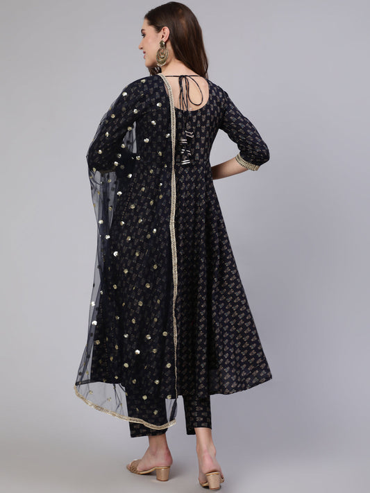 Women Navy Blue Embroidered Flared Kurta With Trouser And Dupatta | LASVINI - Redefining Indian Fashion with Elegance