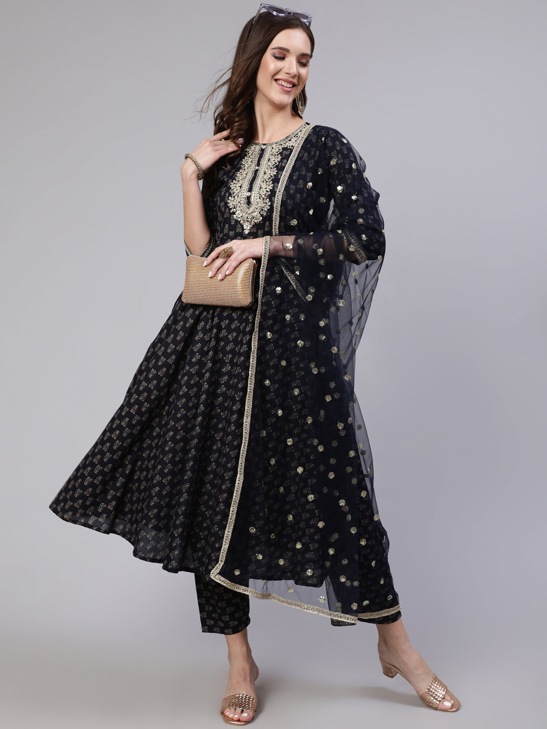 Women Navy Blue Embroidered Flared Kurta With Trouser And Dupatta | LASVINI - Redefining Indian Fashion with Elegance